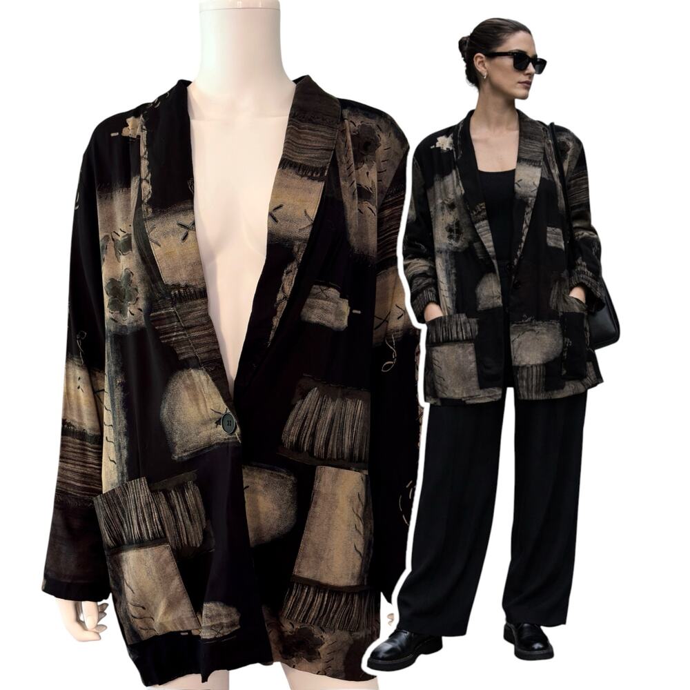 Vtg 80s Kensington Square Abstract Blazer Size Large Wearable Art Black Tan